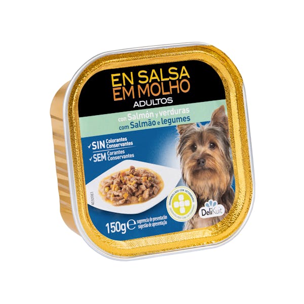 Trozos en salsa perro adulto Delikuit con salmón y verduras